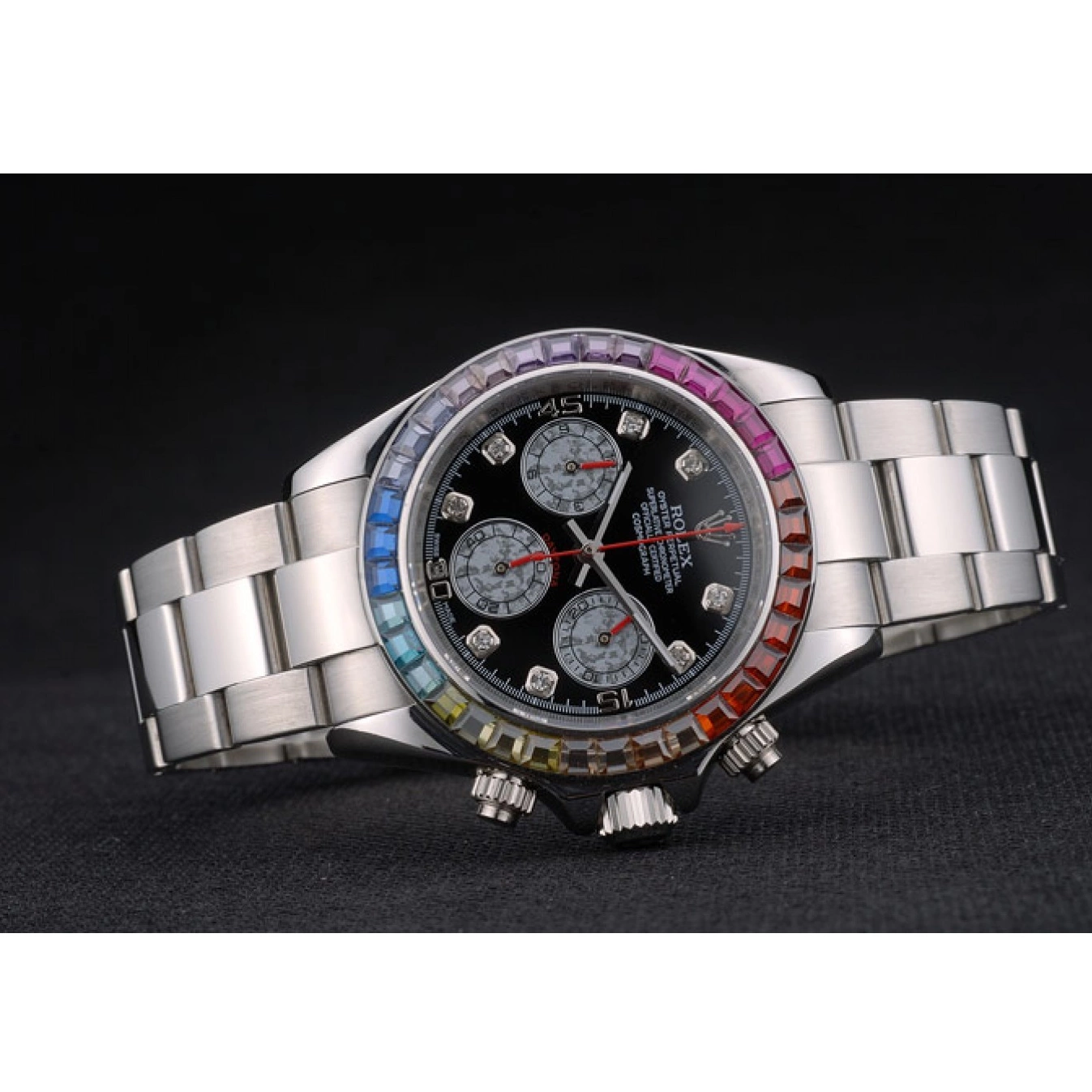 Aaa replica Rainbow 80250 Black Rolex Steep Stainless Cosmograph Dial Strap Bezel Daytona Crystals 0628